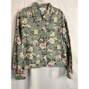 Talbots Petites Linen Blend Jacket Green Pink Floral Button Up Womens Size L